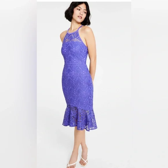 NWT Guess Violet Geo Lace Flounce-Hem Midi Sheath Halter Dress
